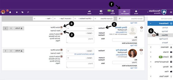 A screen capture of a screen in Connect showing how to manage organization officers