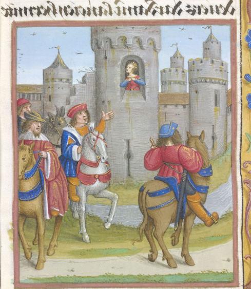 An illustration featuring four knights on horseback reaching a castle, where a woman appears in a tower window, from Perceforest.